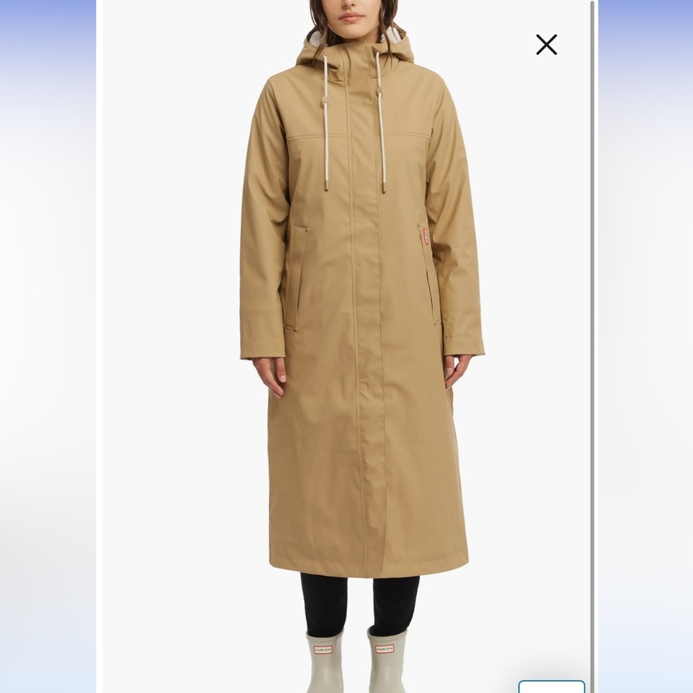 Hunter Sammy Rubber Tan Long Hooded Insulated Rain Coat with faux Sherpa Sz S